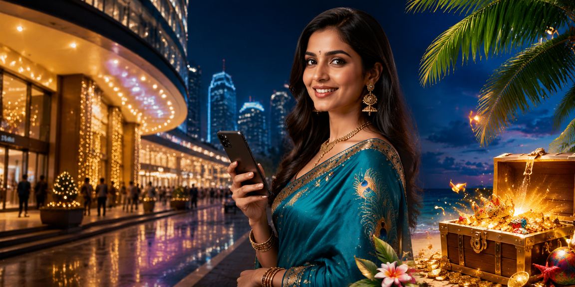 Indian lady enjoying live casino games through mobile device in Delhi nightlife