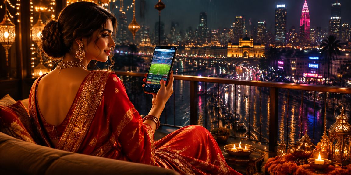 Indian woman enjoying sports betting on mobile in Mumbai's lively urban setting