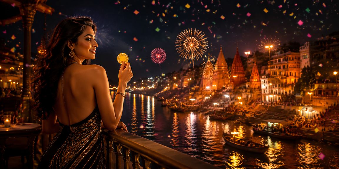 Varanasi ghat ambiance with players enjoying live casino games and betting excitement